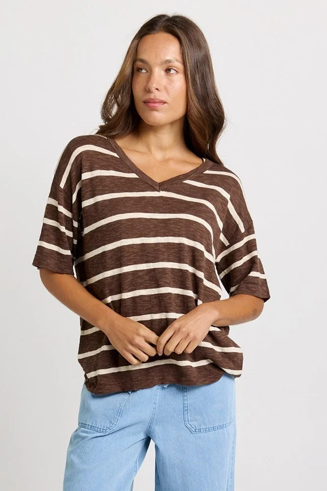 Betty Basics Aries V-Neck Sweater - Chocolate and white stripe