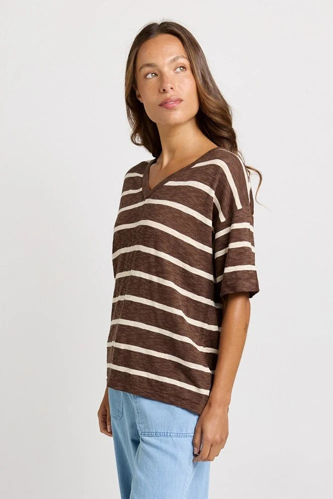 Betty Basics Aries V-Neck Sweater - Chocolate and white stripe