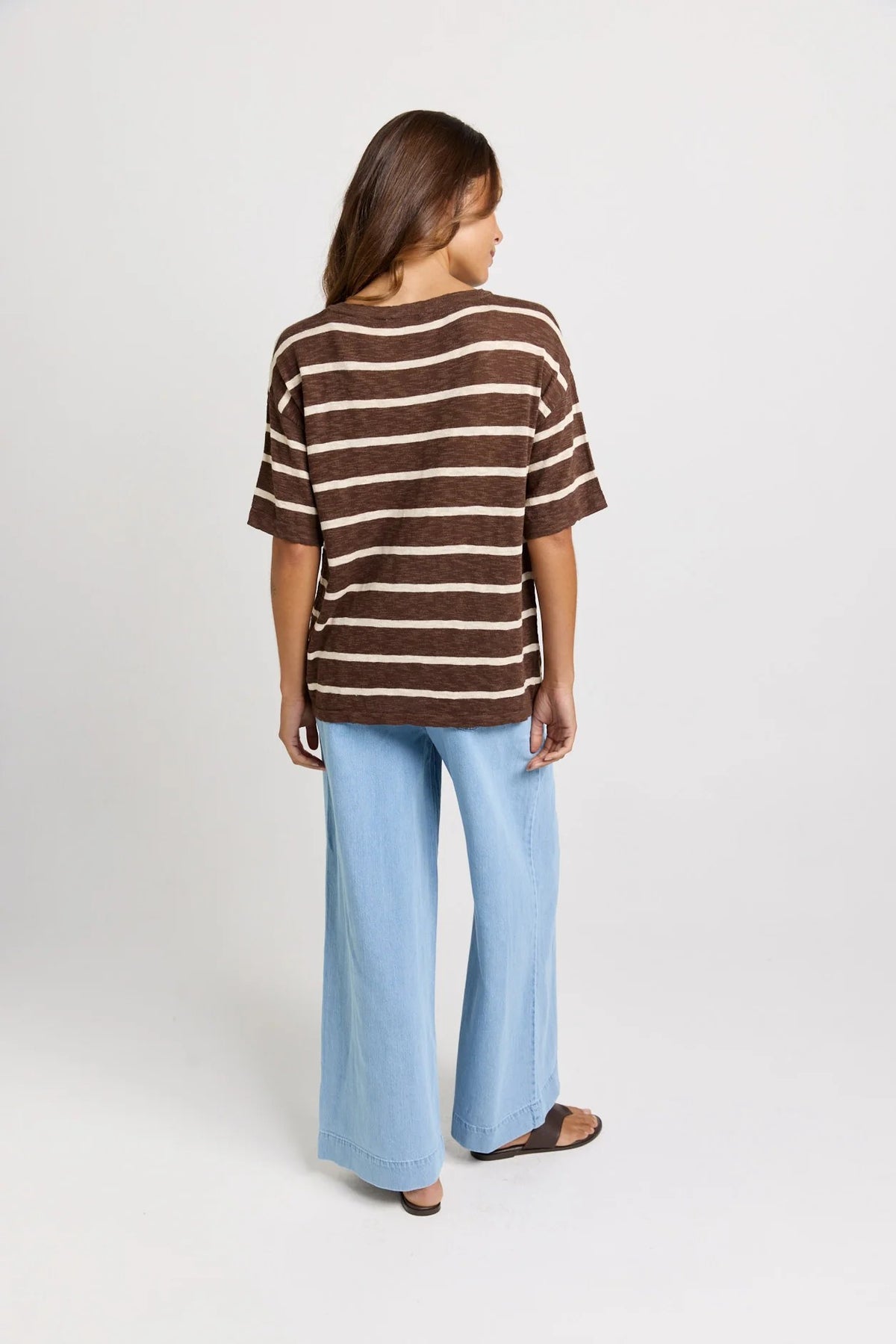 Betty Basics Aries V-Neck Sweater - Chocolate and white stripe