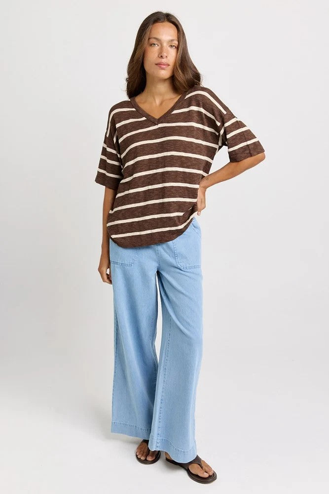 Betty Basics Aries V-Neck Sweater - Chocolate and white stripe