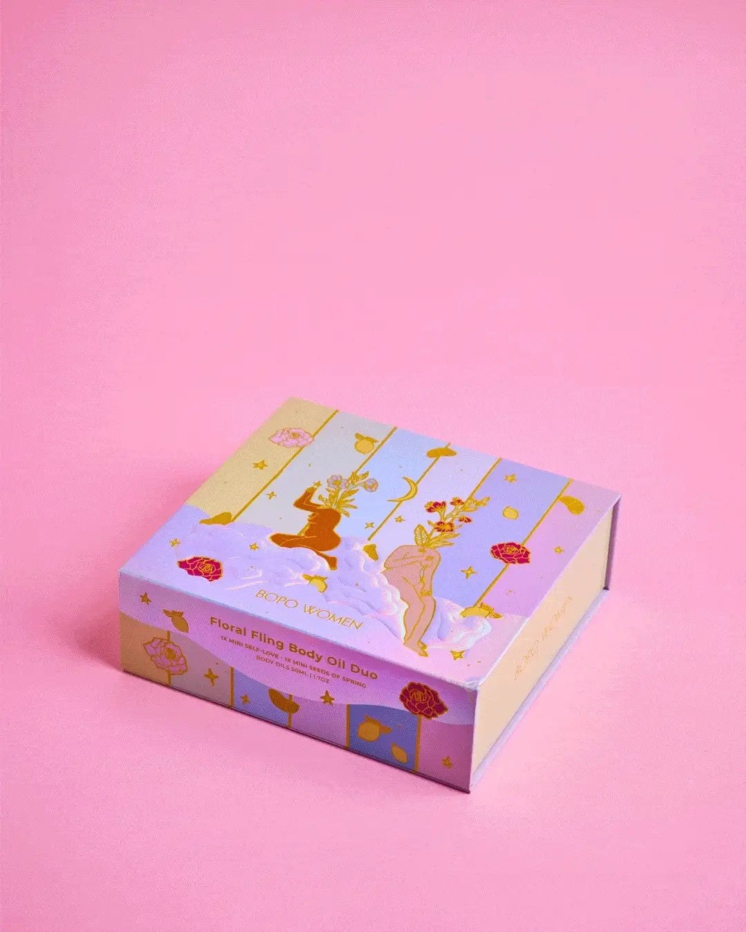 Product packaging with artistic design on a pink background