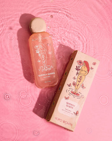 Boro Women Quench Queen bottle and box on a pink background