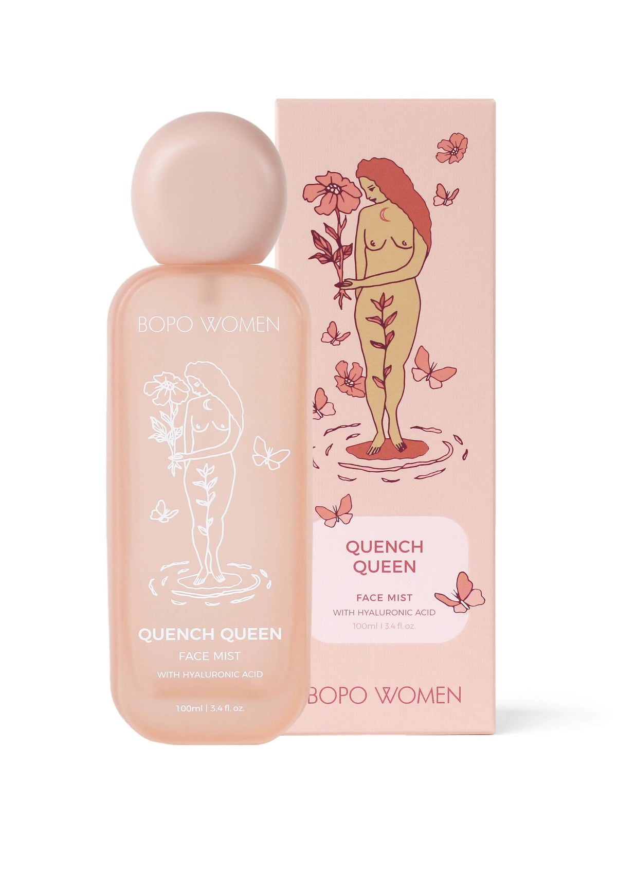 Bopo Women Quench Queen face mist bottle and packaging on a white background