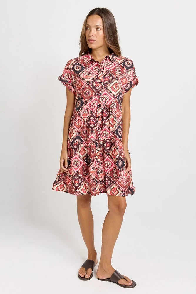 short-sleeve collared dress with a red, black, and beige geometric pattern, 