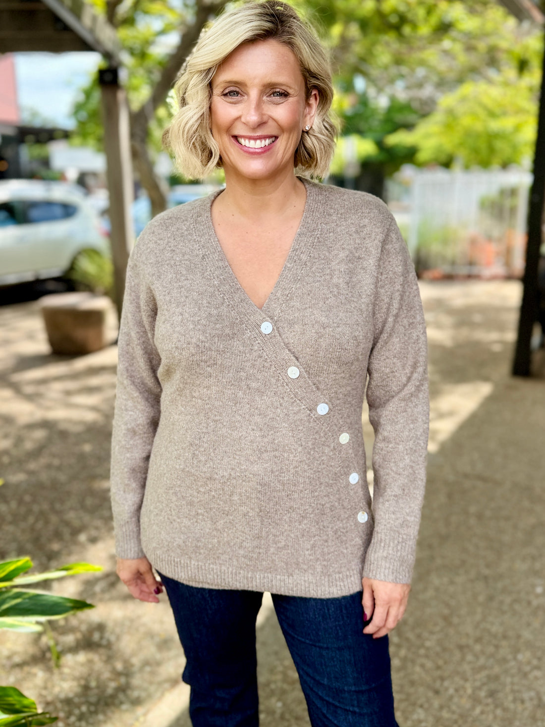 Miru Button Cardigan – Stone