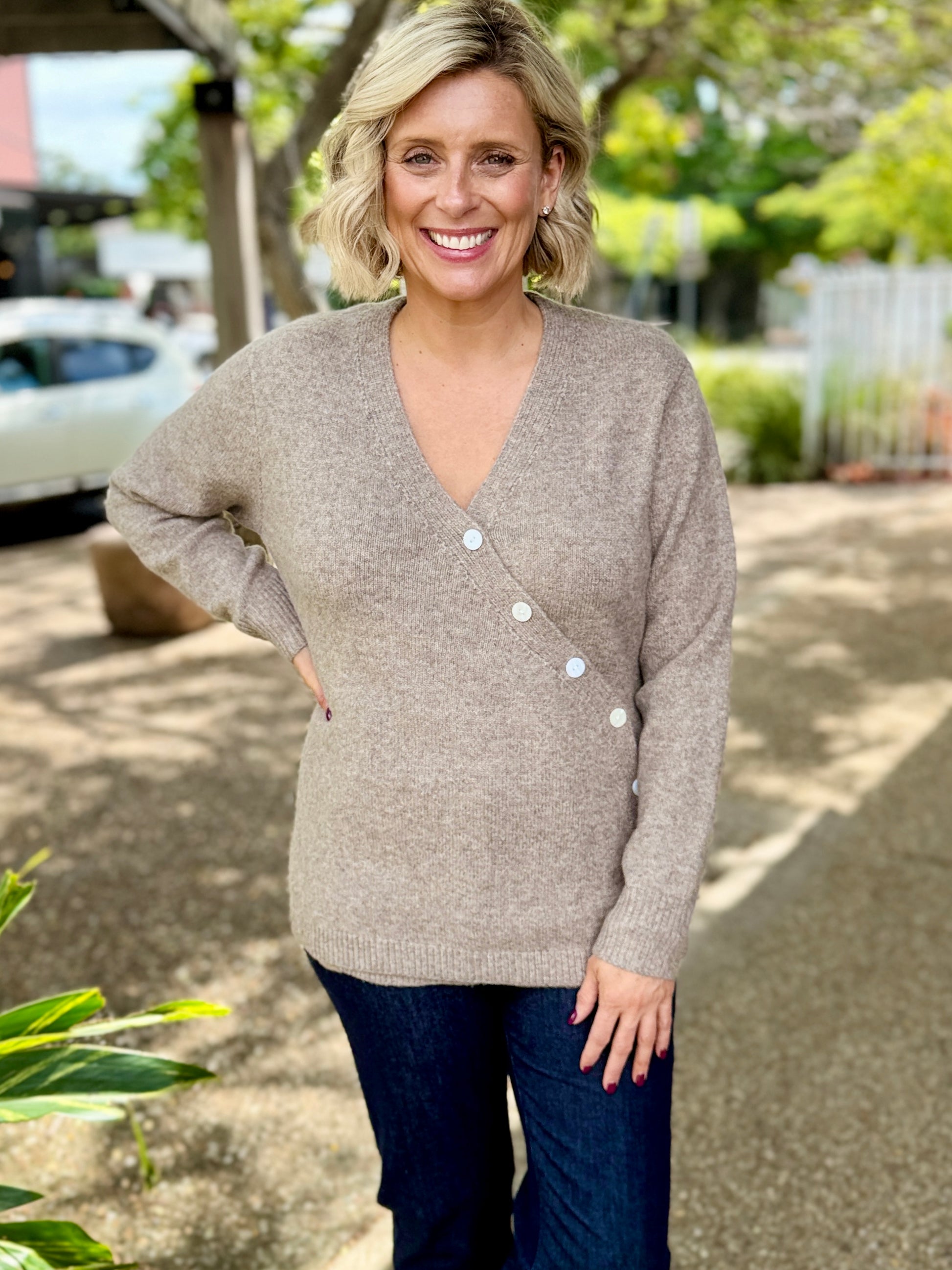 Miru Button Cardigan – Stone