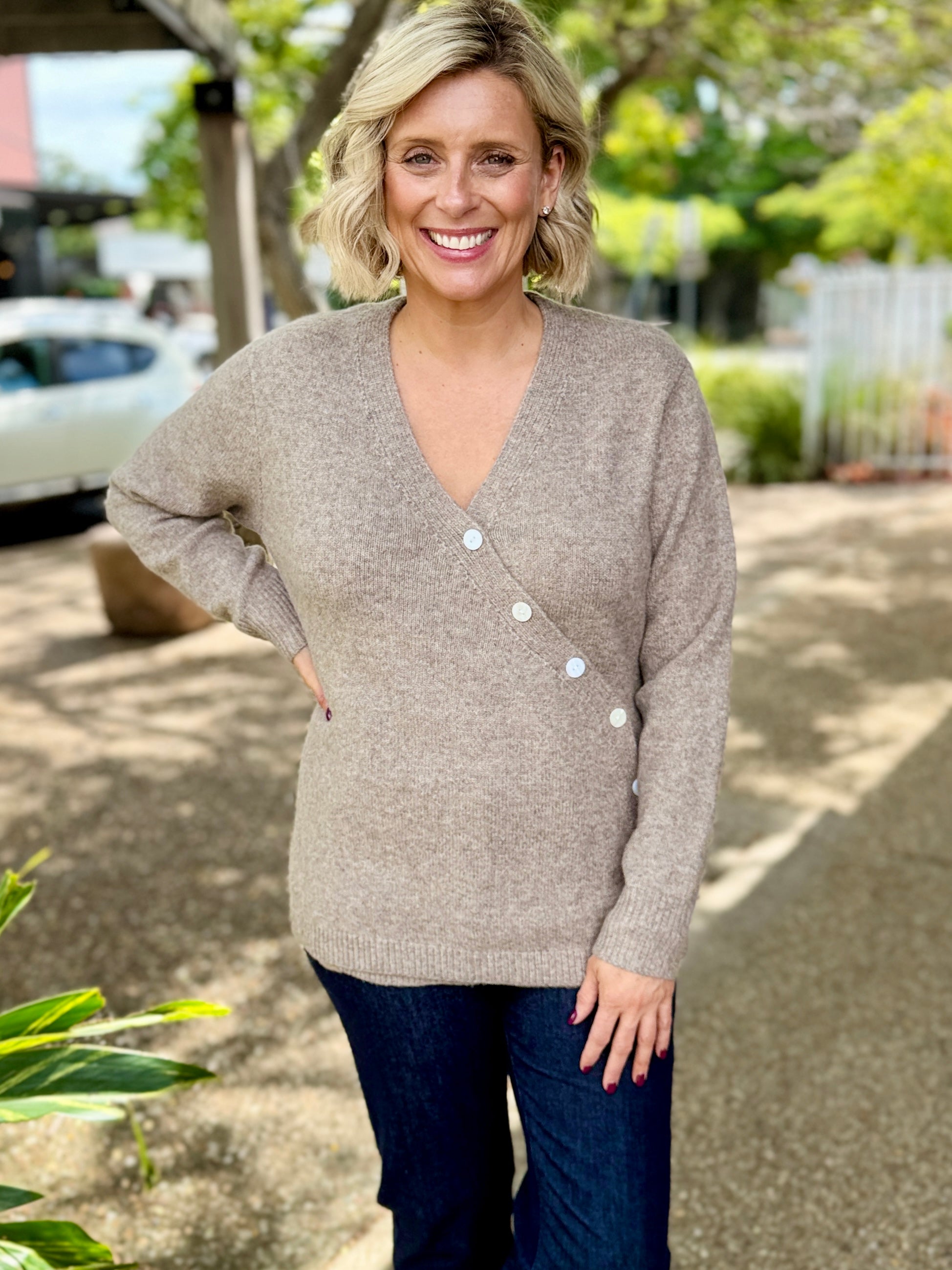 Miru Button Cardigan – Stone