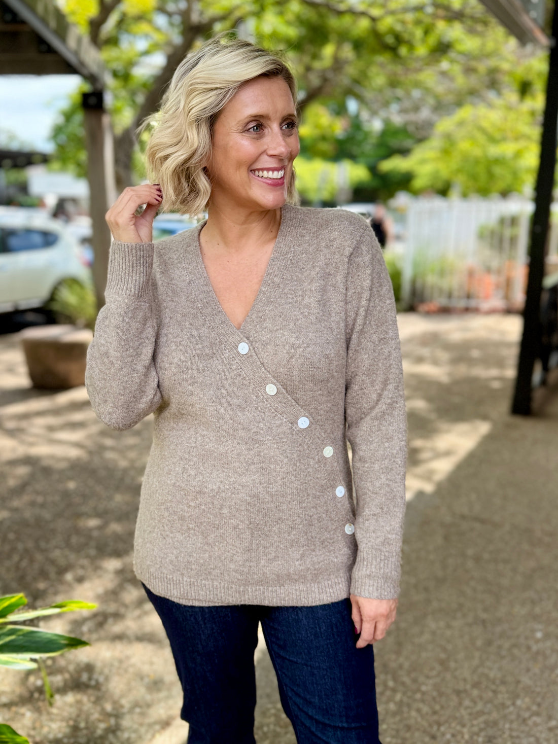 Miru Button Cardigan – Stone