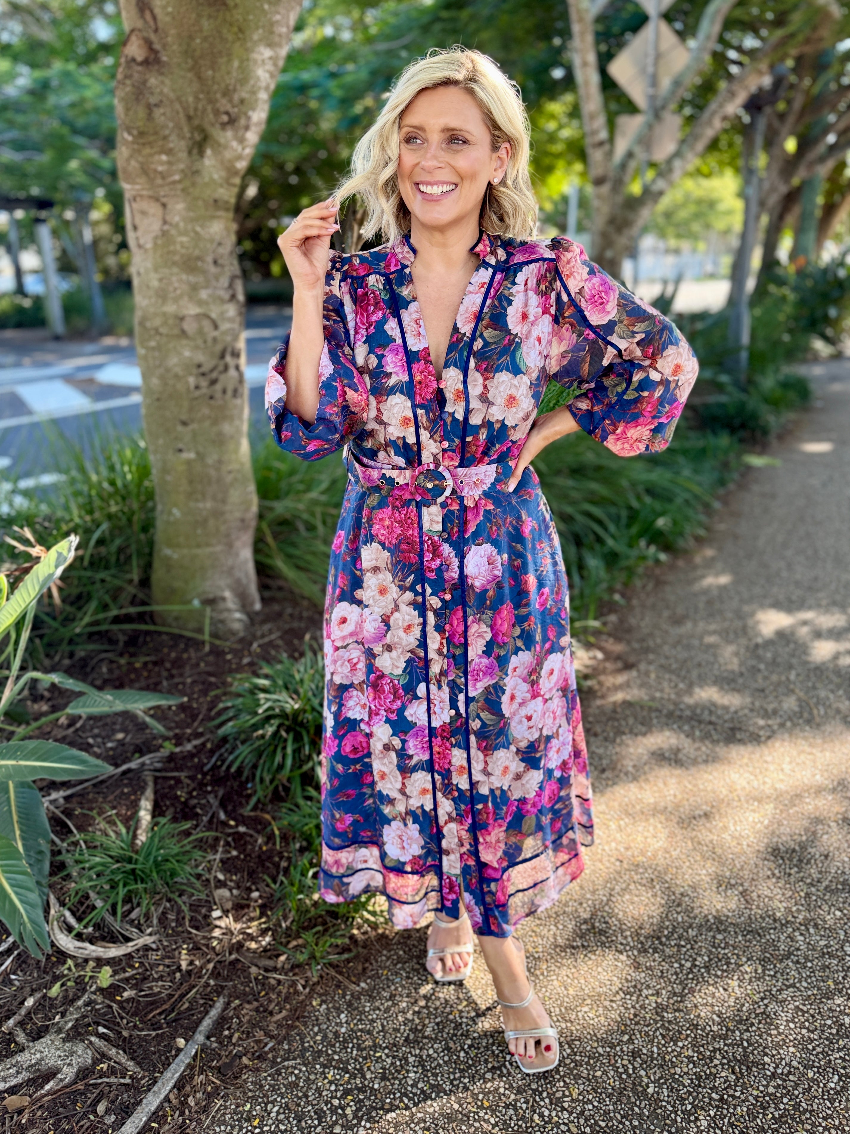 Tamera Midi Dress - Blue Peonies