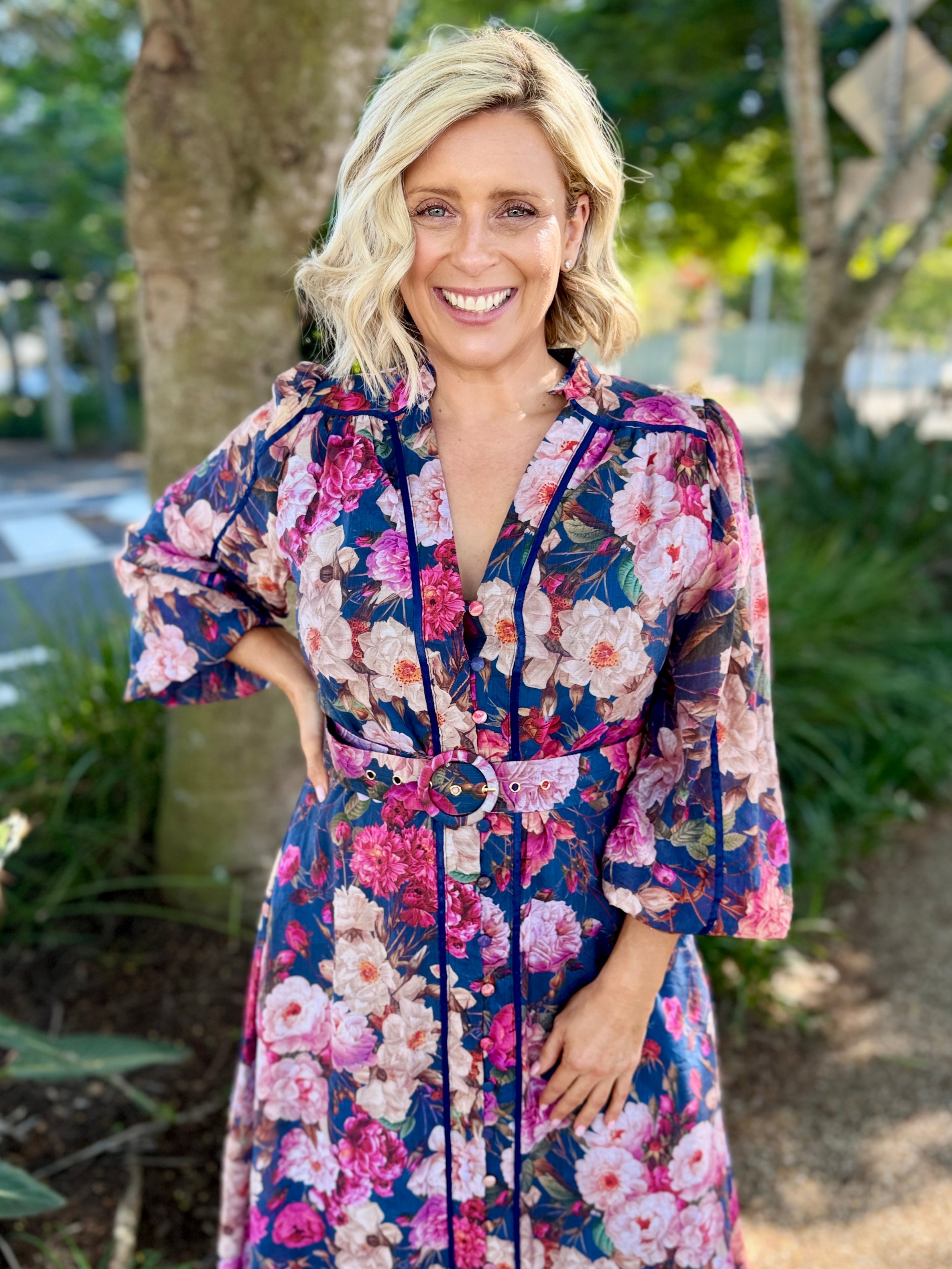 Tamera Midi Dress - Blue Peonies