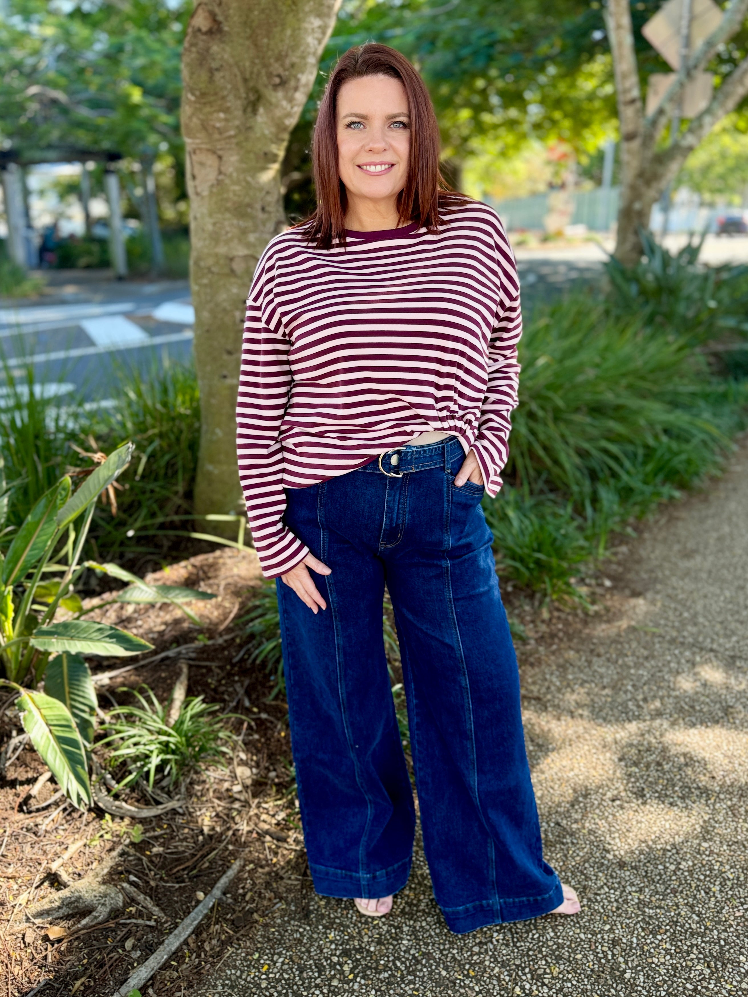 Wynona L/S Tee – Pink / Burg Stripe