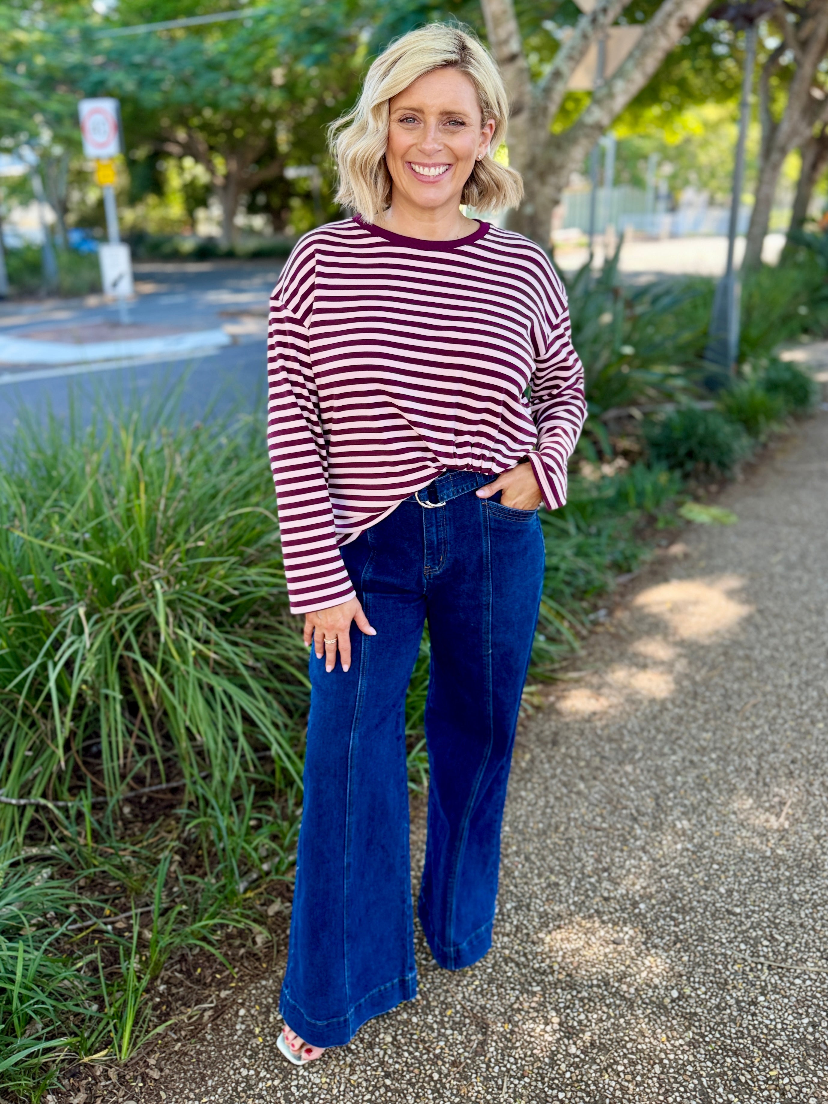 Wynona L/S Tee – Pink / Burg Stripe