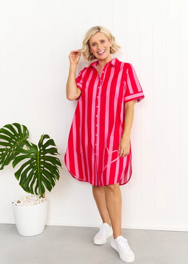 Maddie Dress - Red & Pink Stripe