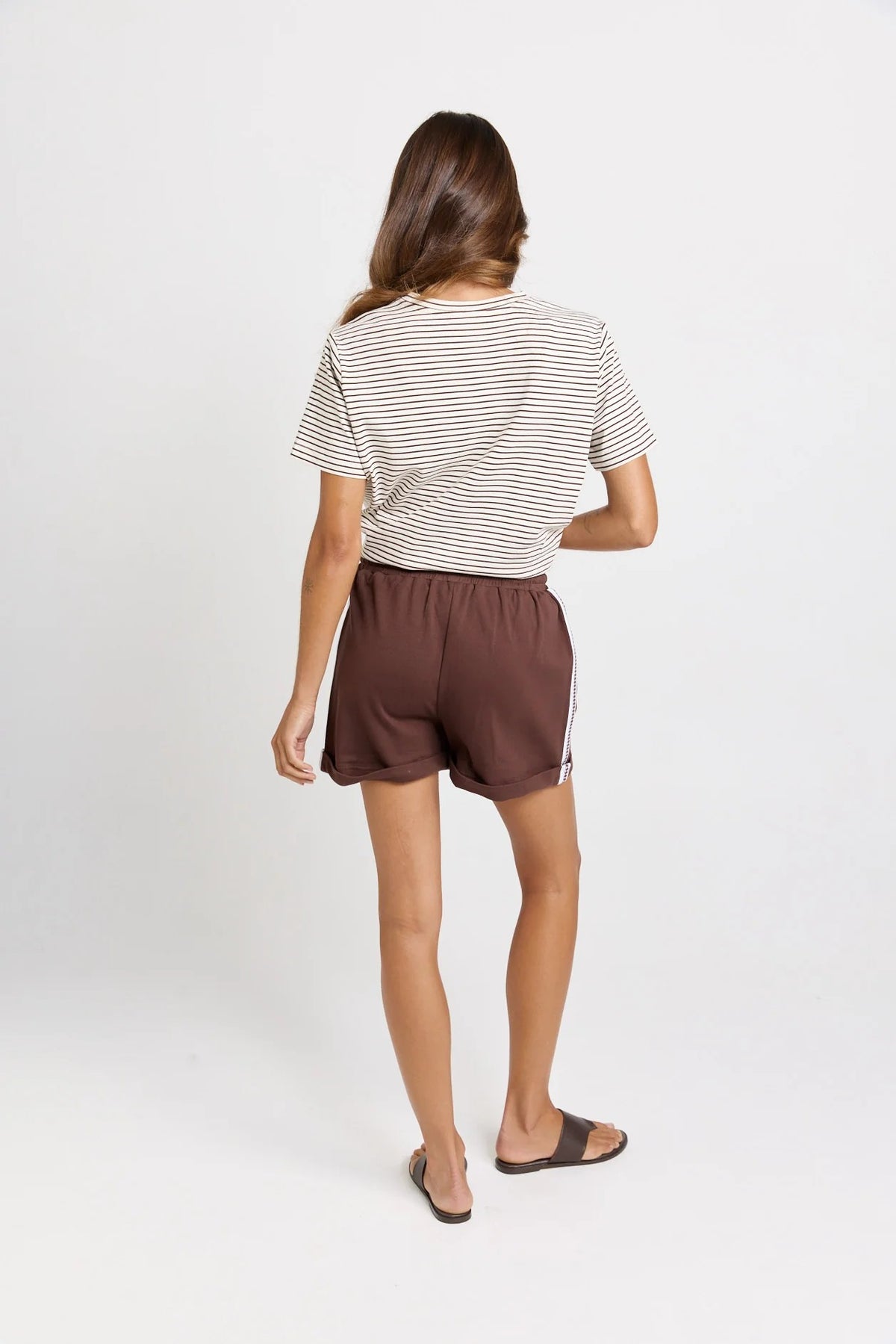white & Choc tripe Tee with Choc Palm tree knit