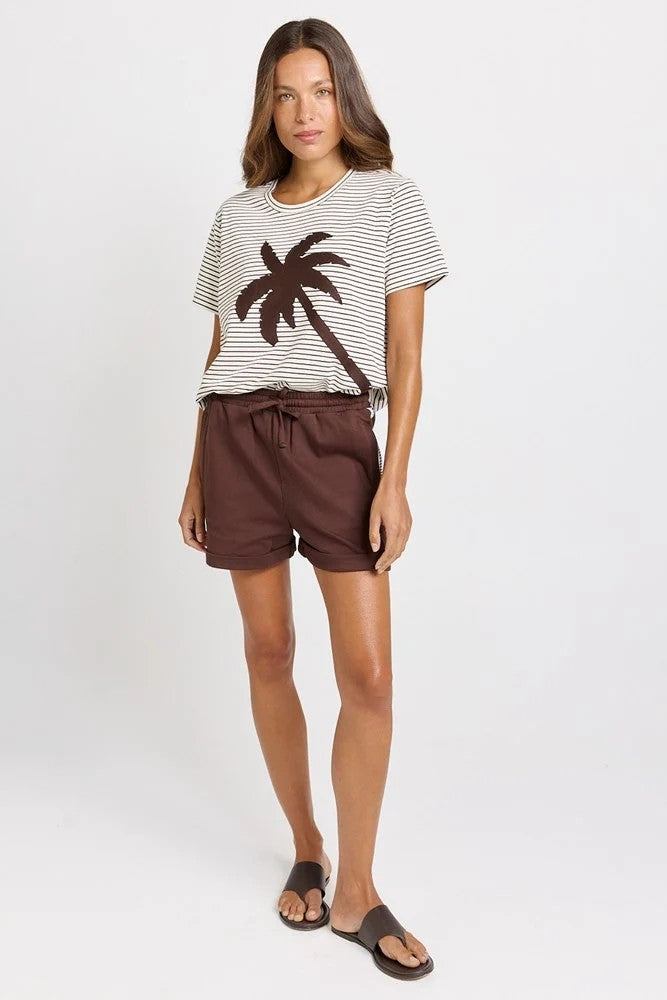 white & Choc tripe Tee with Choc Palm tree knit