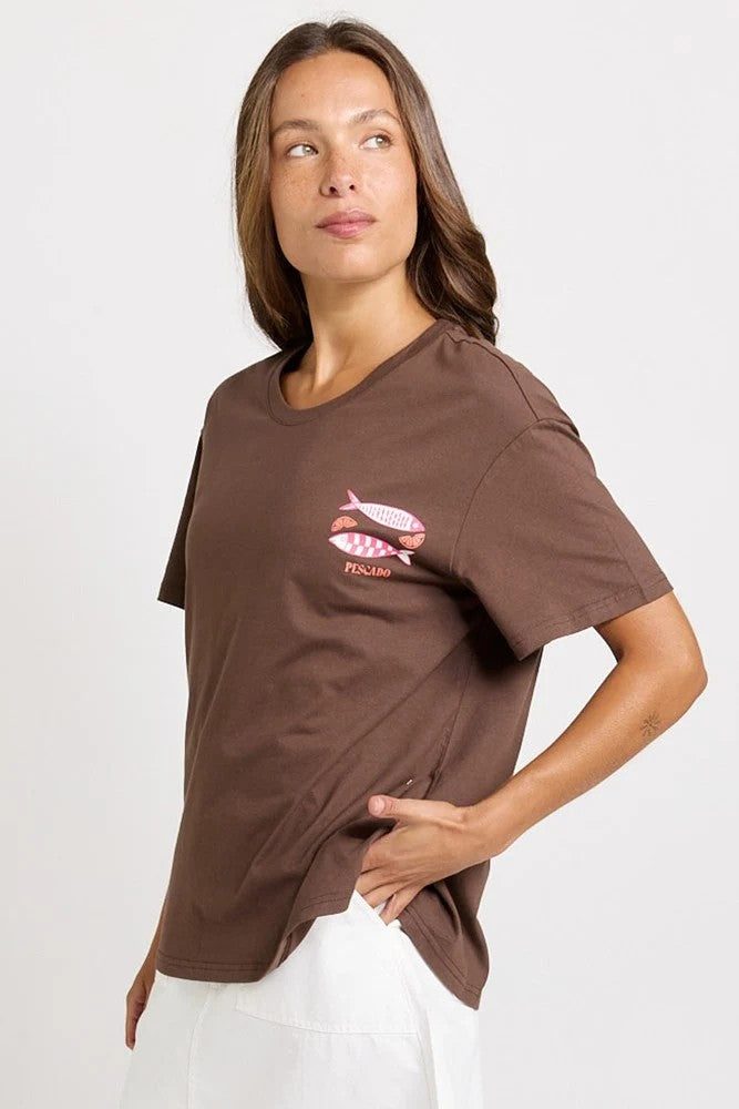 Betty basics - Relax Boxy Tee - Pescado Print - chocolate
