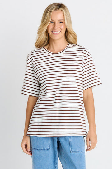 Relax Boxy Tee - Choc/White Stripe