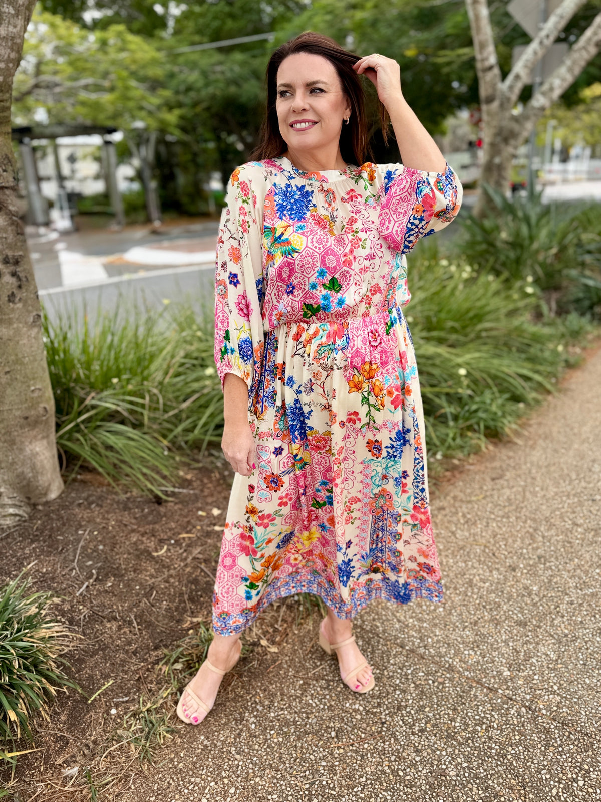 colorful floral midi dress with three-quarter sleeves, 