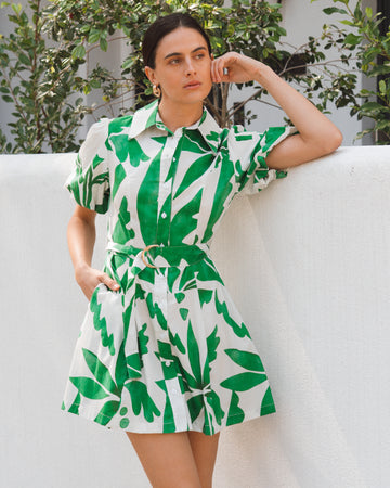 White Closet Palm Rio Mini dress in white with green botanical print and belted waist