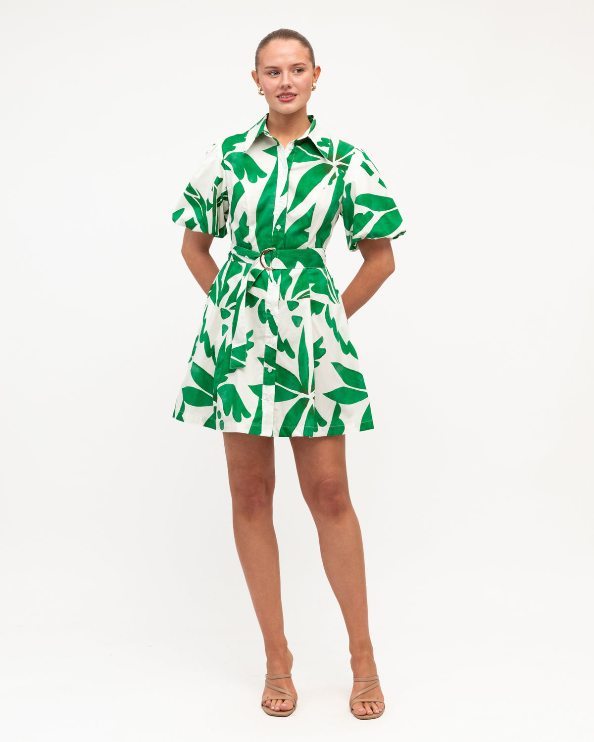 White Closet Palm Rio Mini dress in white with green botanical print and belted waist
