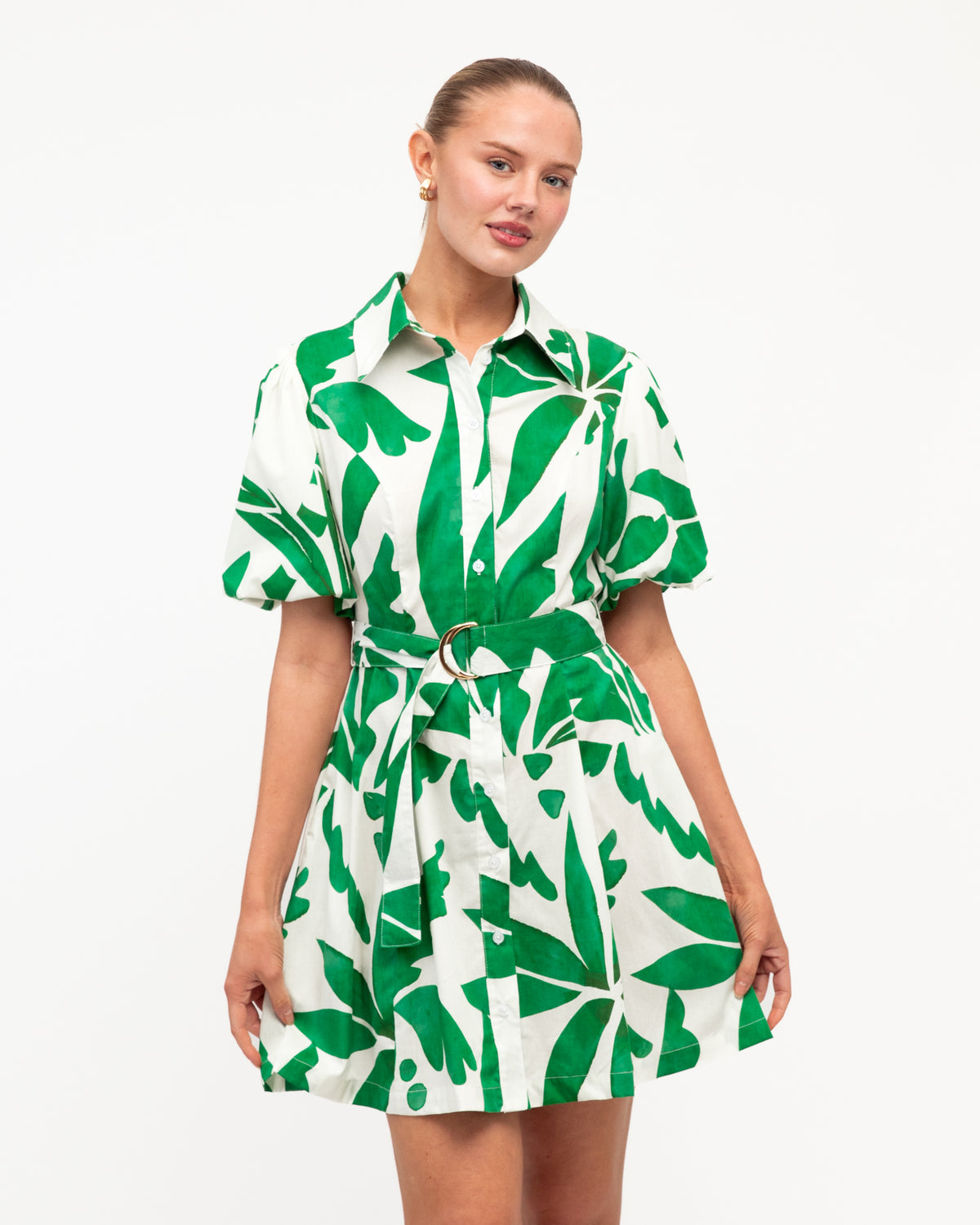 White Closet Palm Rio Mini dress in white with green botanical print and belted waist