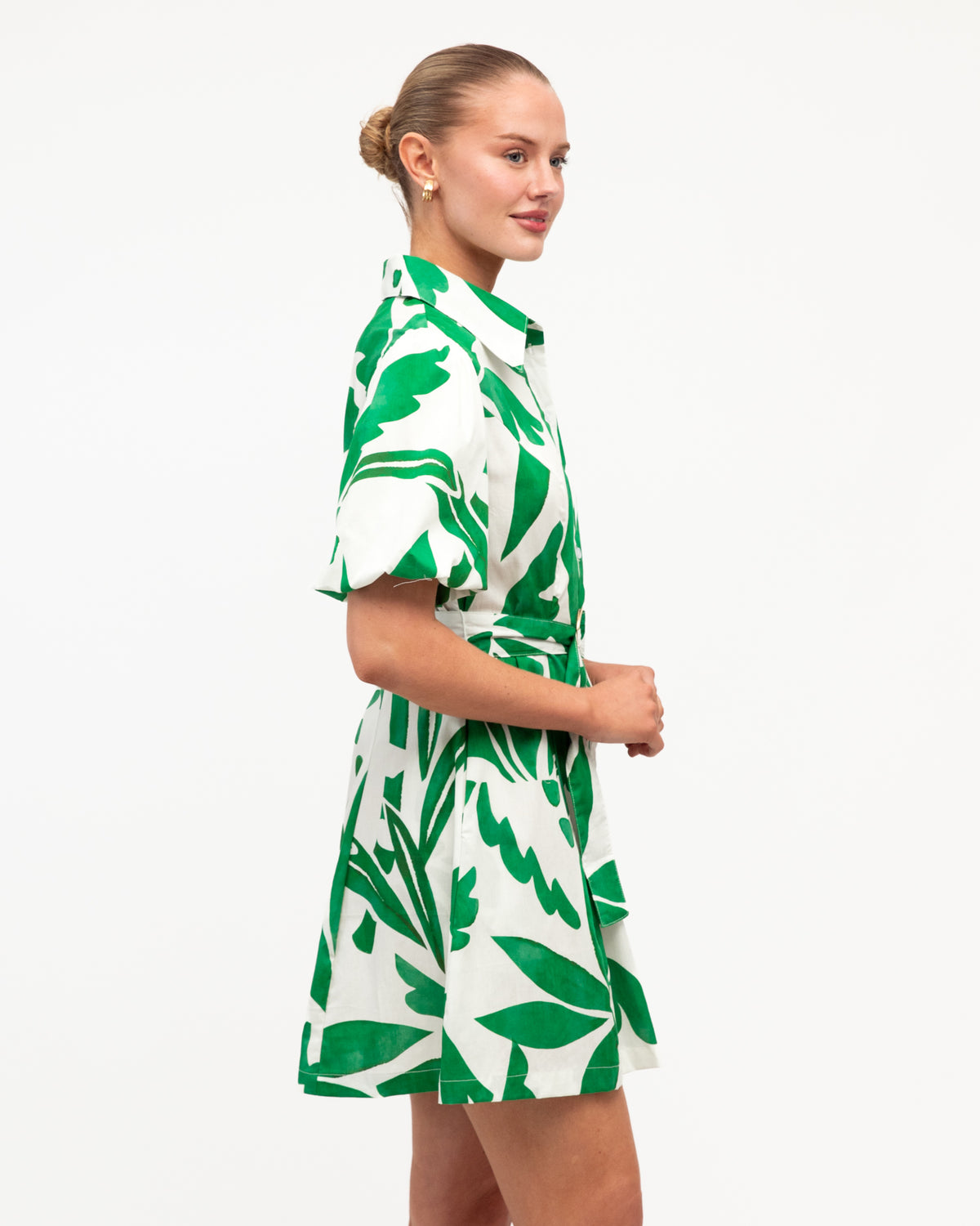White Closet Palm Rio Mini dress in white with green botanical print and belted waist