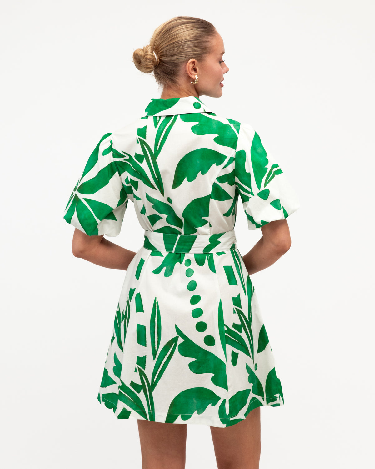White Closet Palm Rio Mini dress in white with green botanical print and belted waist