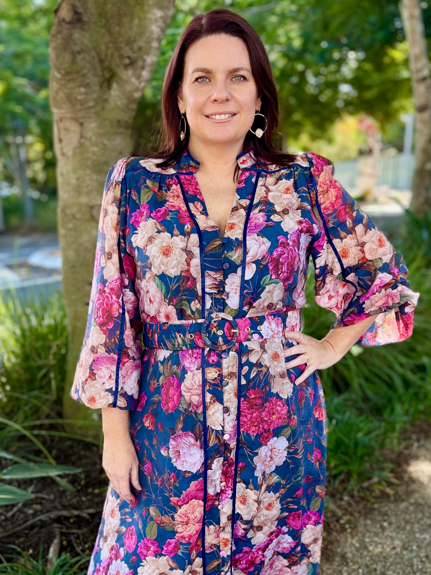 Tamera Midi Dress - Blue Peonies