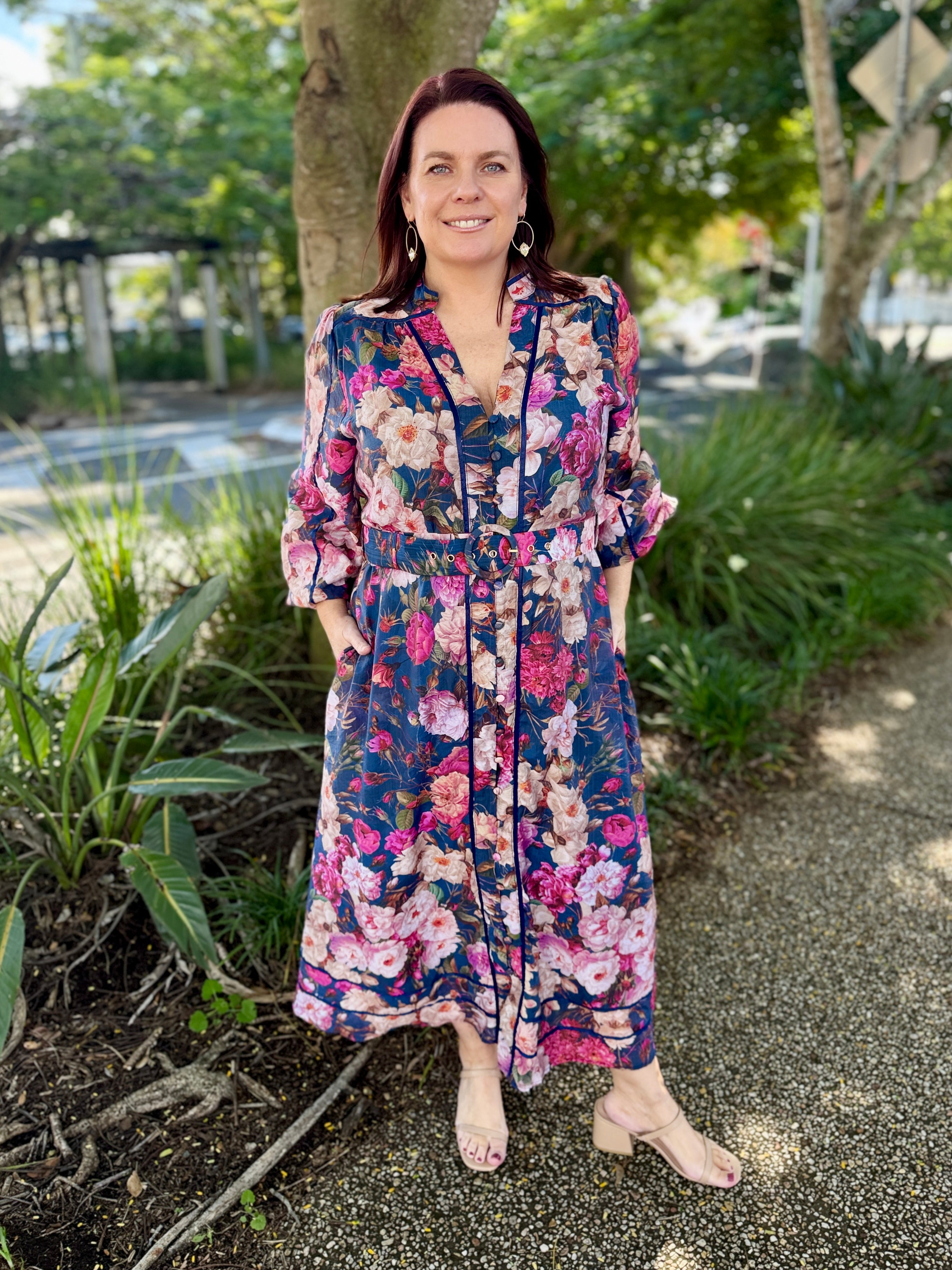 Tamera Midi Dress - Blue Peonies