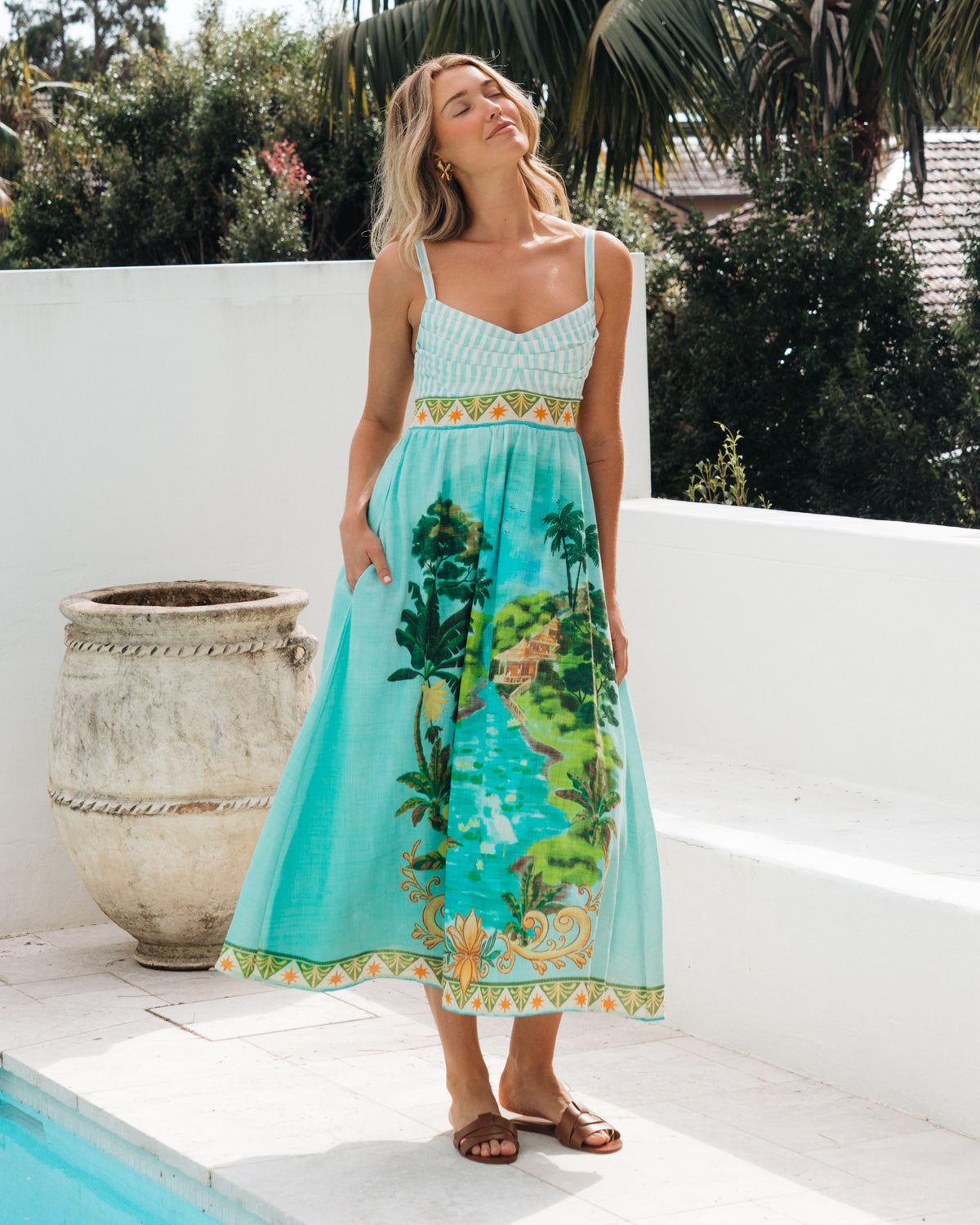 Strappy Tropical Oasis Aqua Dress
