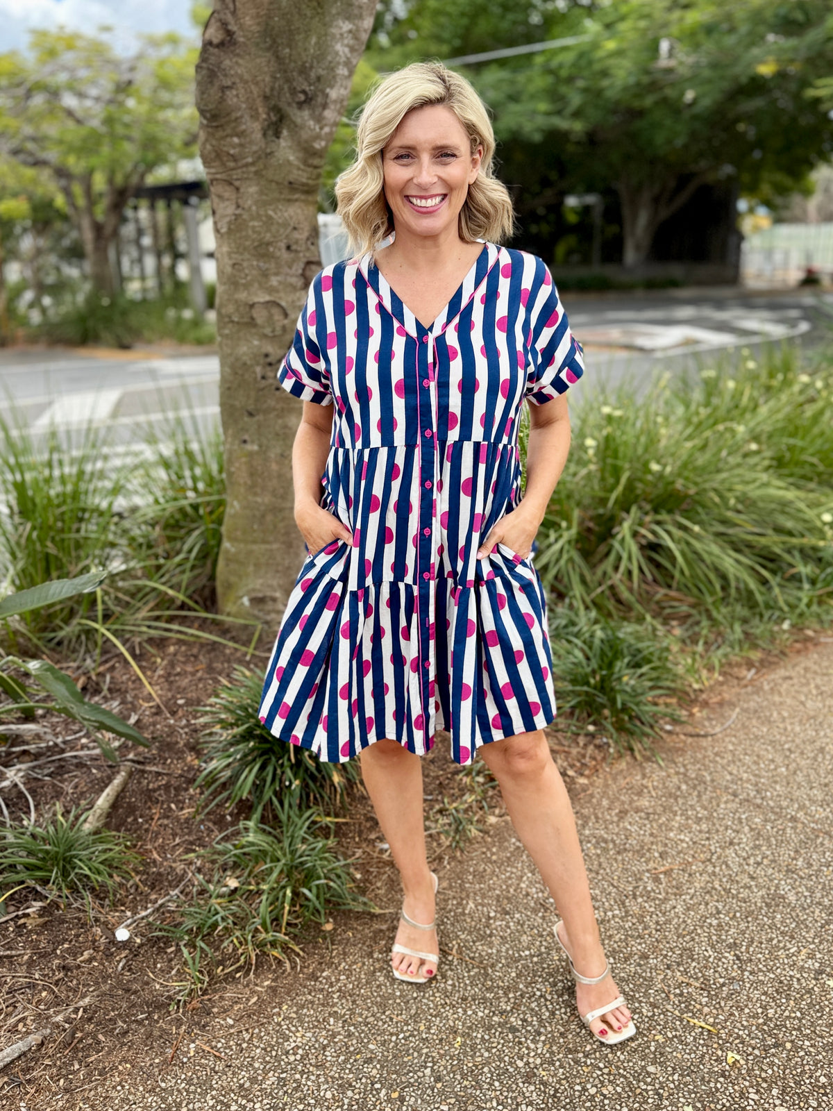 short-sleeve V-neck dress with vertical navy, white, and pink stripes,