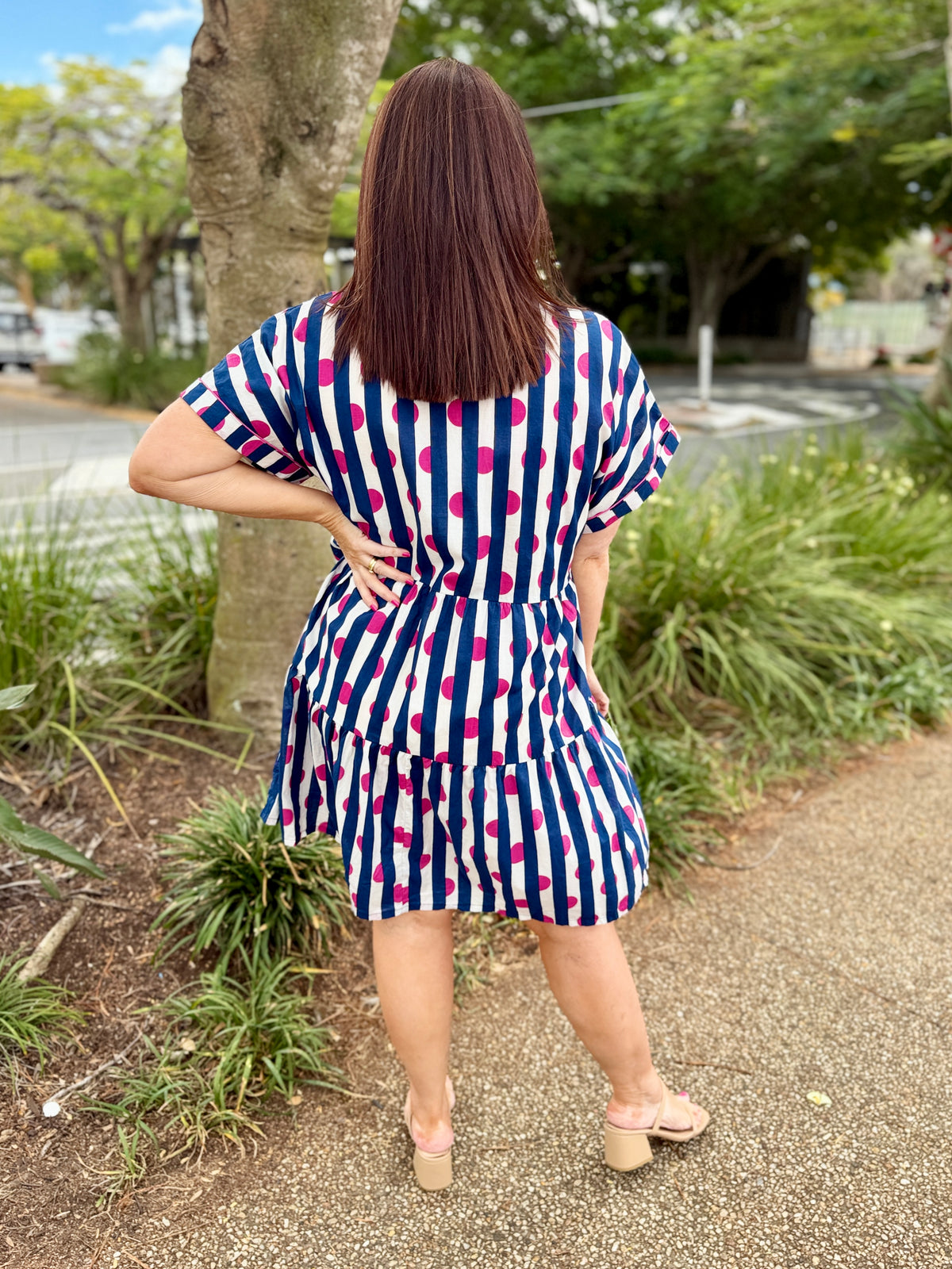 navy, white, and pink vertically striped tiered dress, 