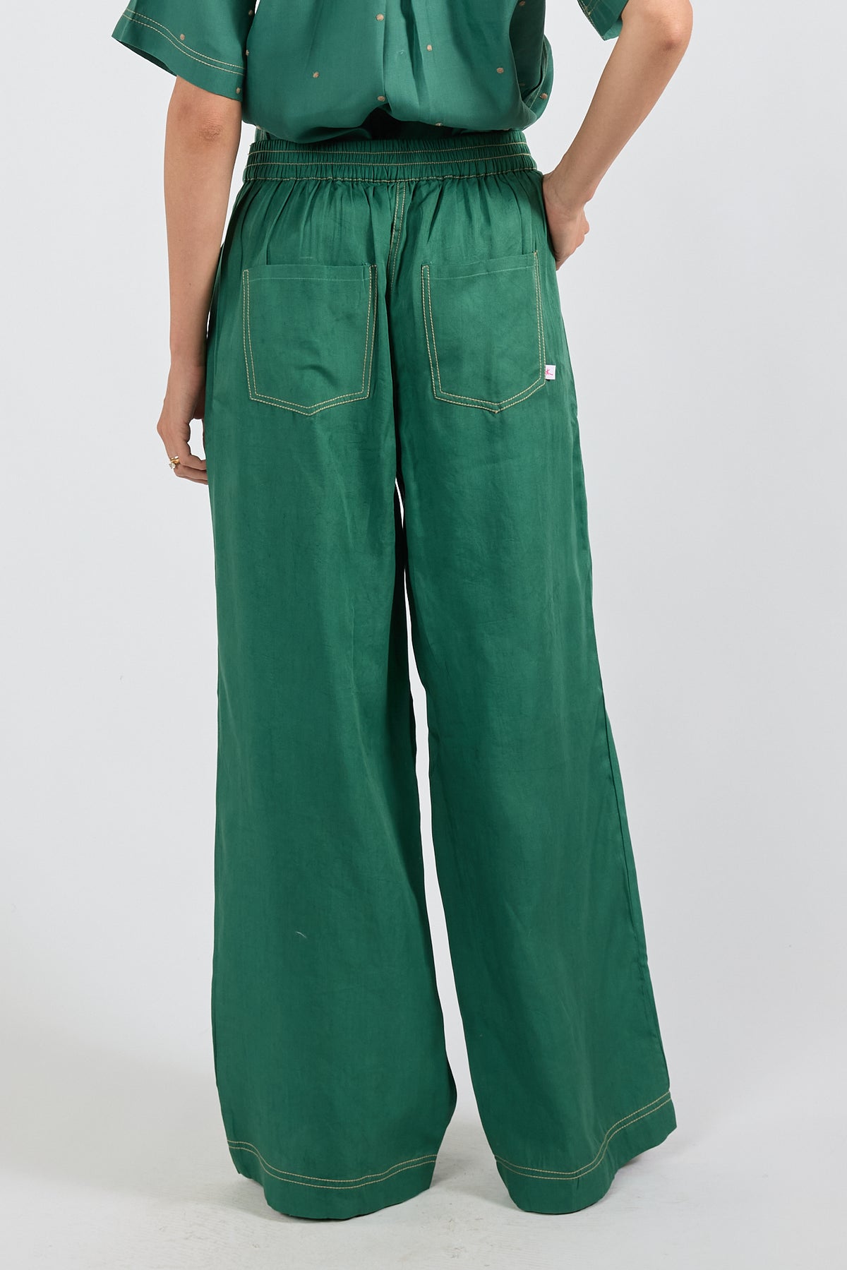 Ibisa River Pant and Shirt in Gumleaf green botanical print – women's matching set