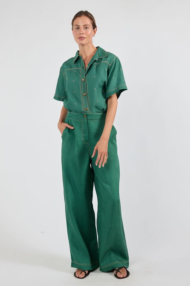 Ibisa River Pant and Shirt in Gumleaf green botanical print – women's matching set