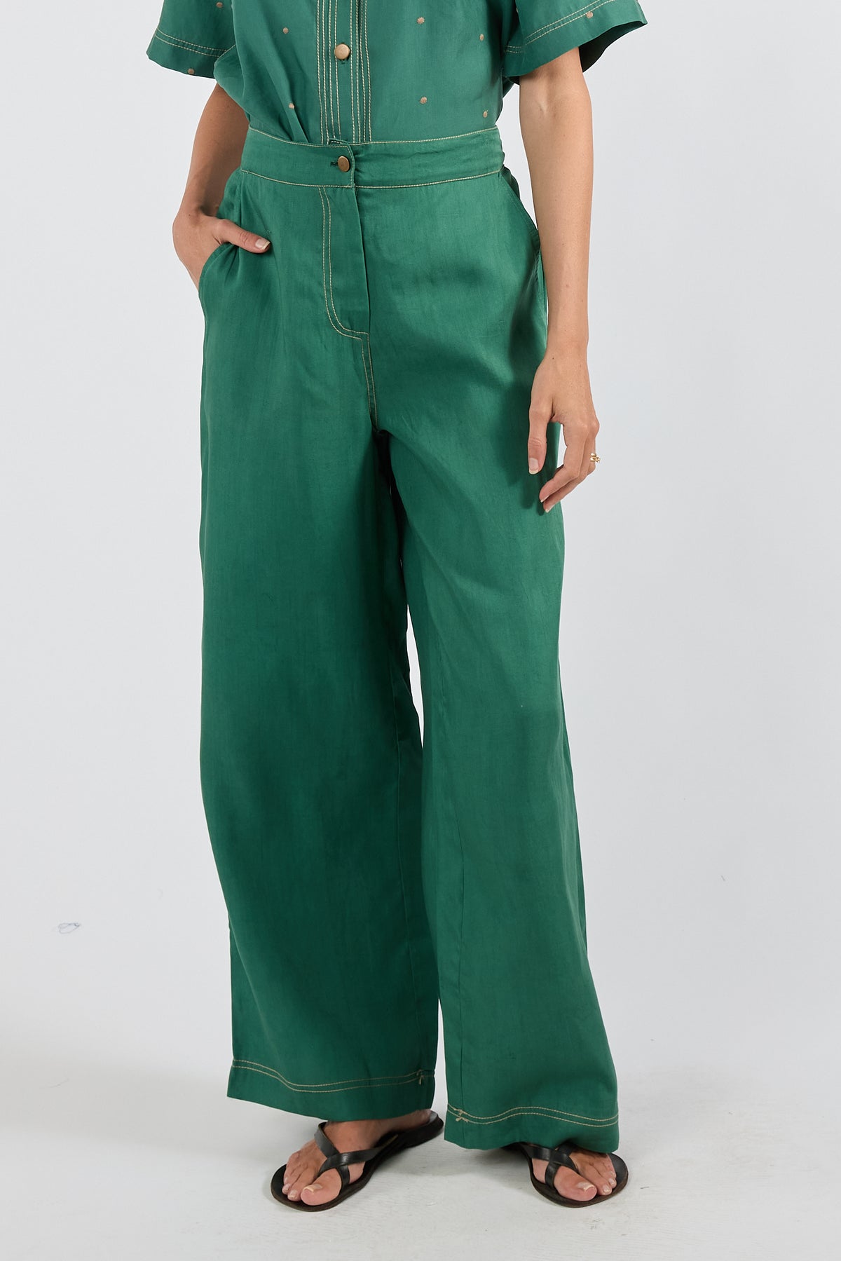 Ibisa River Pant and Shirt in Gumleaf green botanical print – women's matching set