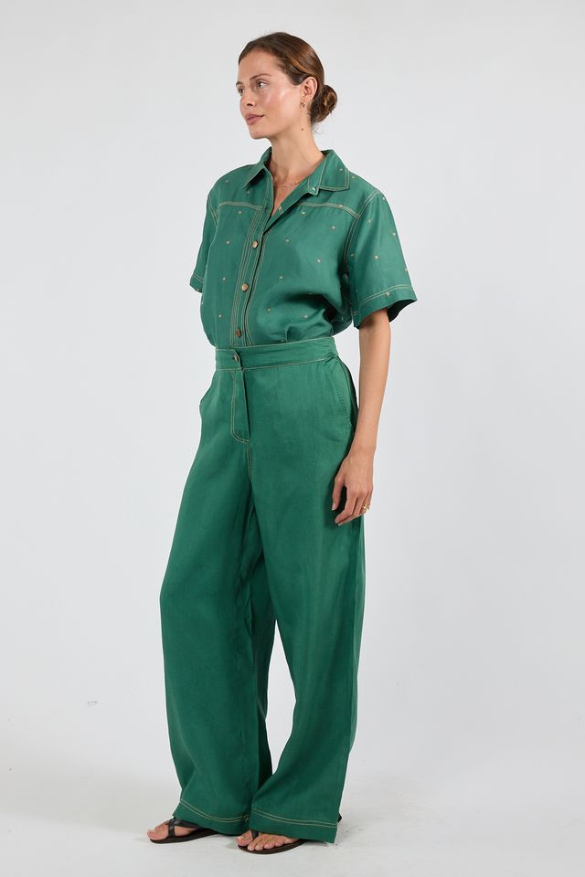 Ibisa River Pant and Shirt in Gumleaf green botanical print – women's matching set