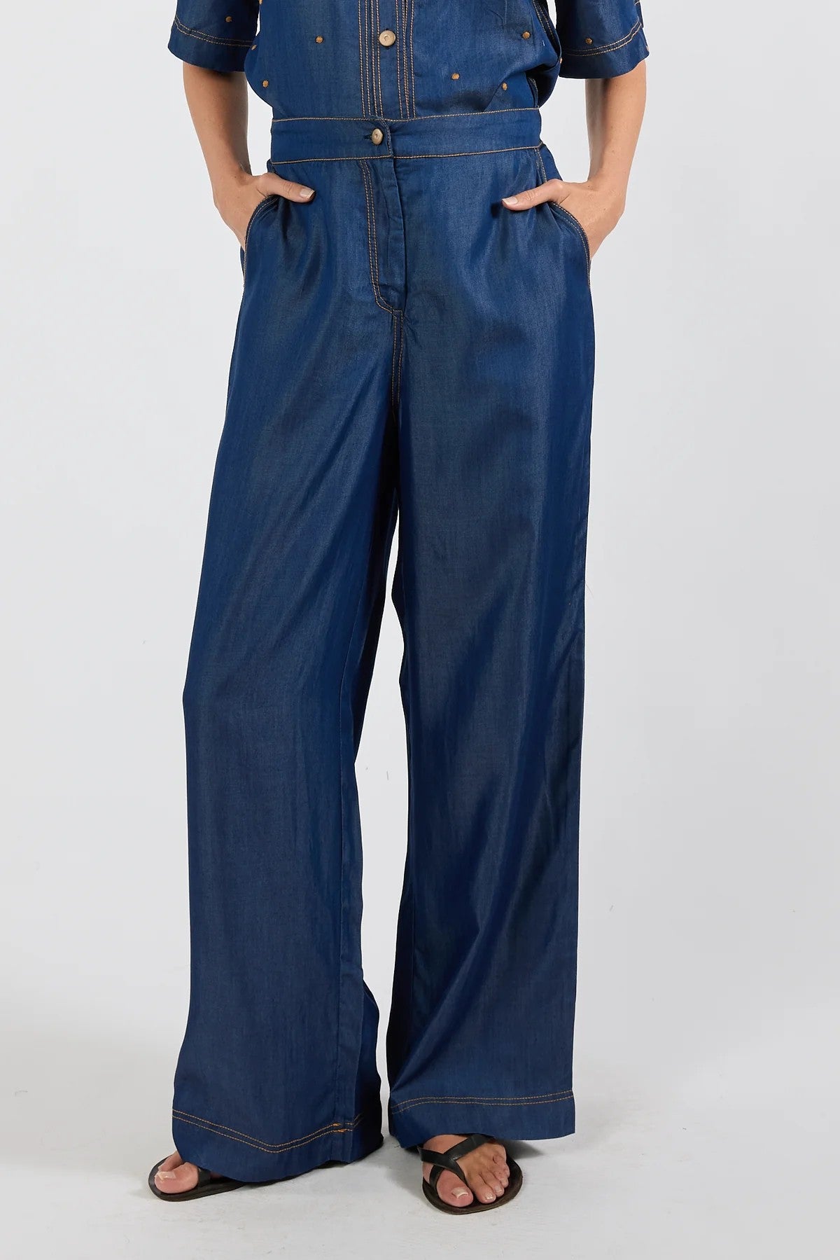Ibisa River Pant and Shirt in indigo blue – women's matching denim-look outfit