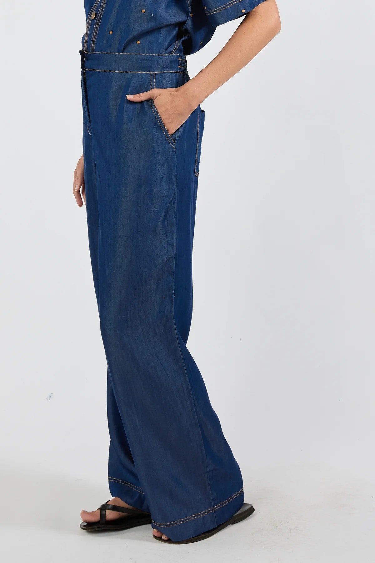 Ibisa River Pant and Shirt in indigo blue – women's matching denim-look outfit