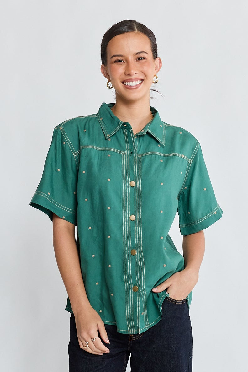 Ibisa River Pant and Shirt in Gumleaf green botanical print – women's matching set