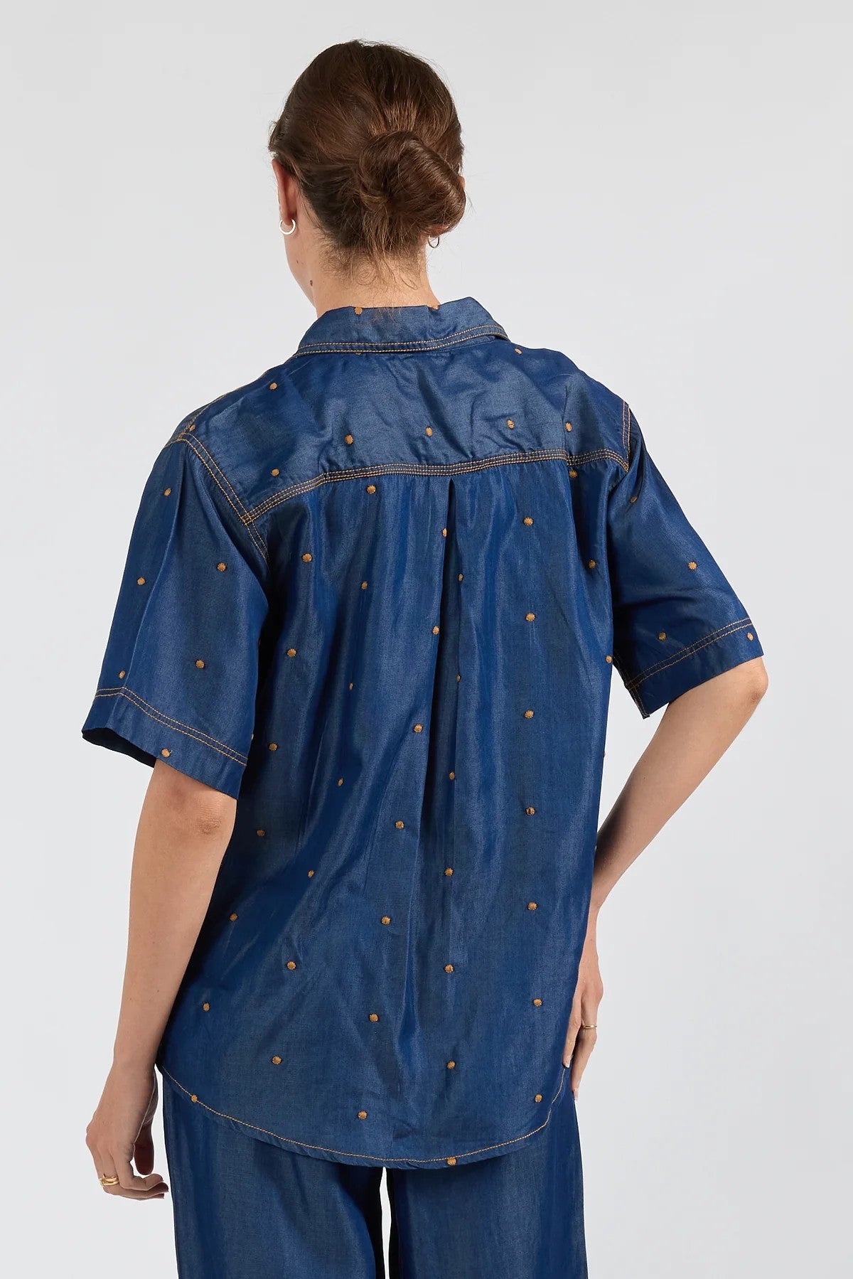 Ibisa River Pant and Shirt in indigo blue – women's matching denim-look outfit