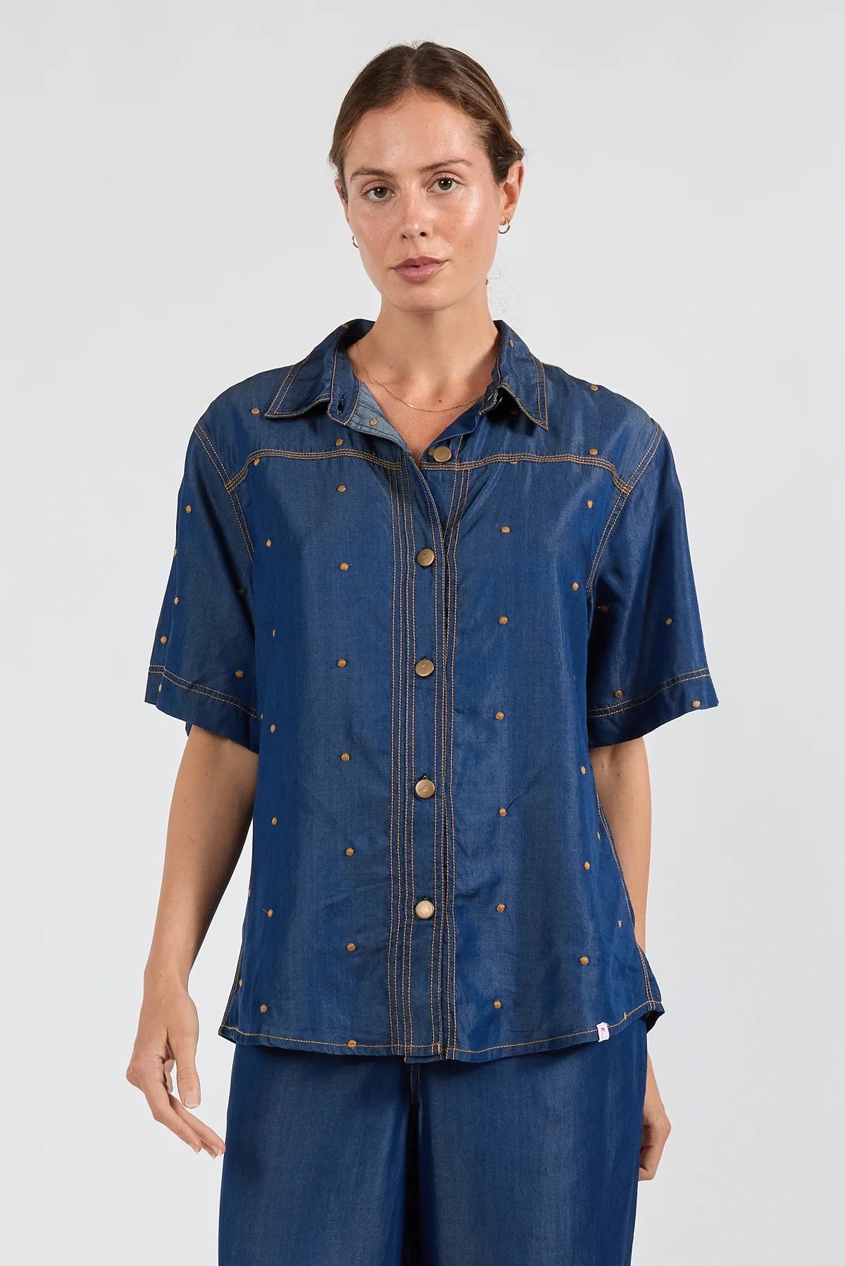 Ibisa River Pant and Shirt in indigo blue – women's matching denim-look outfit