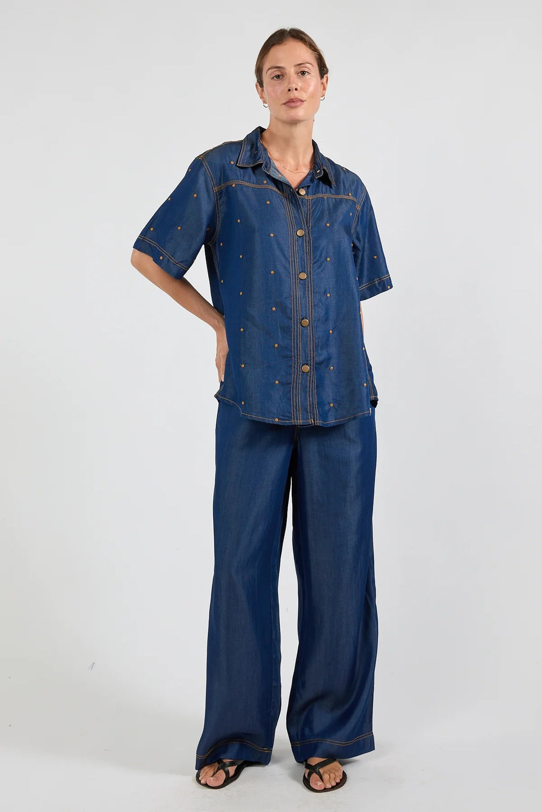Ibisa River Pant and Shirt in indigo blue – women's matching denim-look outfit