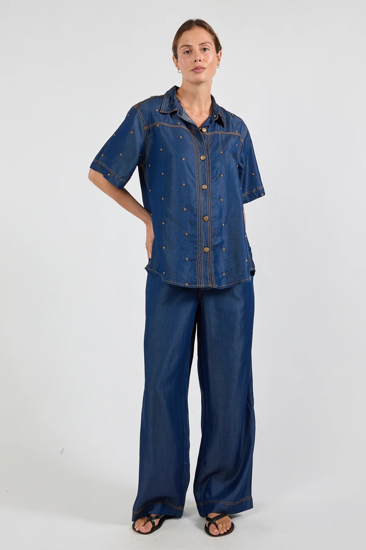 Ibisa River Pant and Shirt in indigo blue – women's matching denim-look outfit