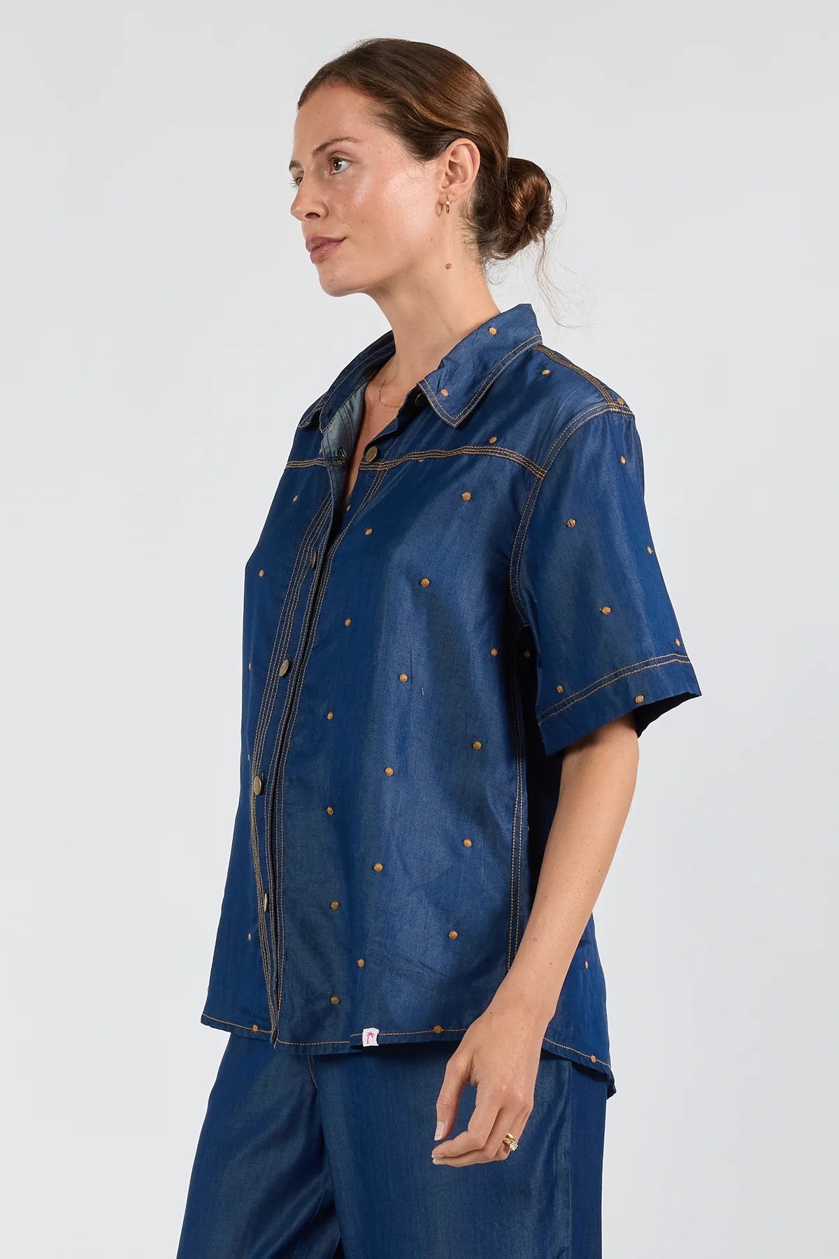 Ibisa River Pant and Shirt in indigo blue – women's matching denim-look outfit