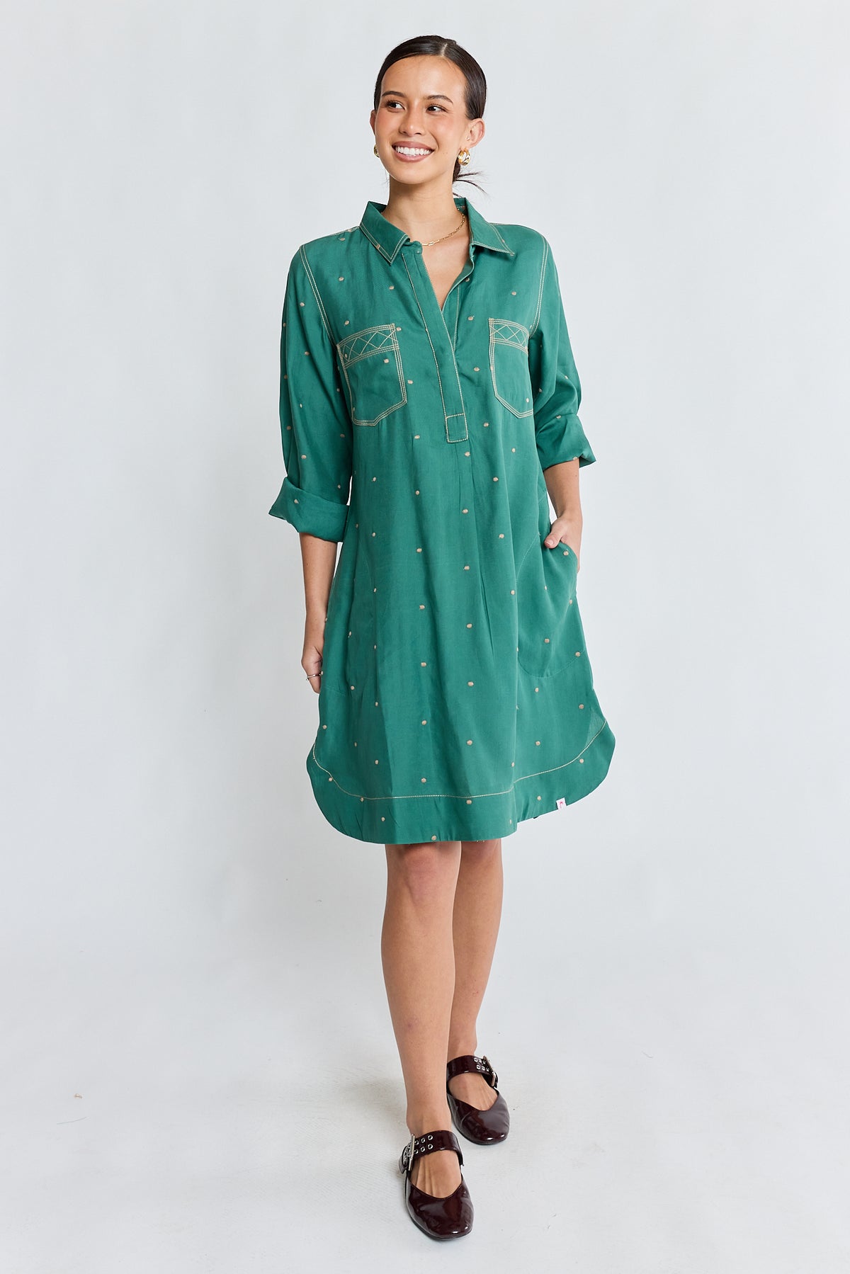 Ibisa River Shirtmaker Gumleaf women's botanical print shirtdress