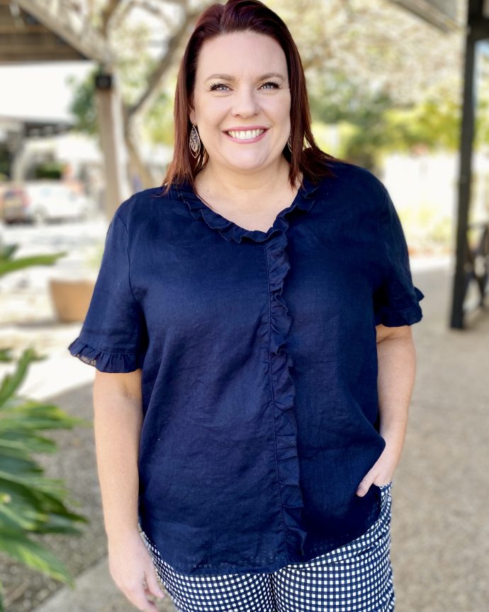 Tiffany Ruffle Linen Shirt – Navy