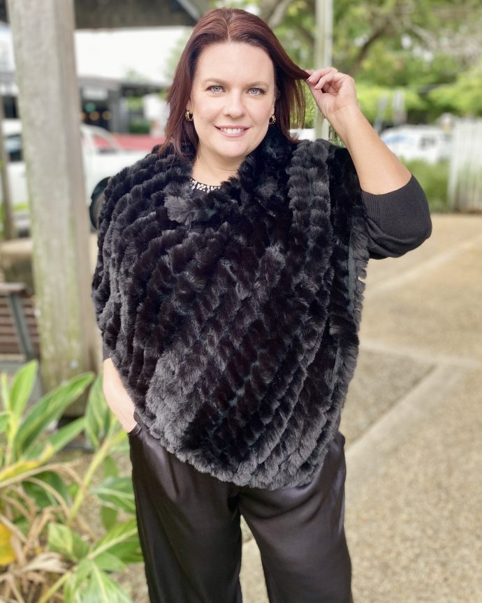 Roma Faux Fur Poncho – Black
